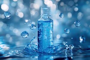 Blue liquid inside glass bottle with water drops splashing around against blurred background. Bubbles inside. Cosmetic product presentation backdrop. photo