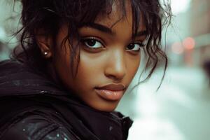 Close up portrait of a pretty young woman. She is looking at the camera. City street background with blurred lights. Wearing a jacket. photo