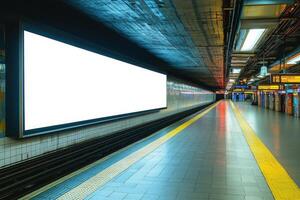 Subway platform view with a blank billboard ready for advertisement. Modern train station with yellow safety line and tunnel view. photo