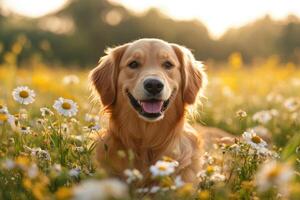 Golden dog smiles in a field. White daisies surround a happy canine. Soft sunlight illuminates the grassy meadow. A beautiful dog portrait. photo