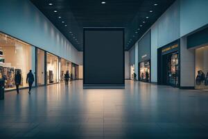 Indoor shopping center hallway with stores. People walk in modern mall. Blank billboard for advertisement. Bright floor reflects the light. photo