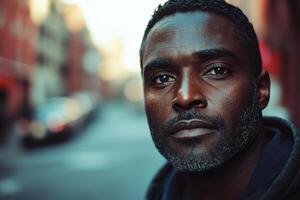Close up portrait of a dark skinned man with beard looking forward. Street scene in blurred background with cars and buildings. Head and shoulders. photo