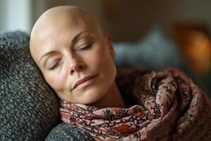 Woman with shaved head rests peacefully. She is sleeping and wearing a colorful scarf while leaning on a gray textured pillow indoors. photo
