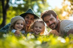 Happy family lie down on green grass. Parents and daughters smile together. Beautiful sunlight shines in the background of park. photo