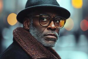 Older man looks sideways wearing glasses and a hat. City bokeh lights in the background and a knitted scarf around neck. photo