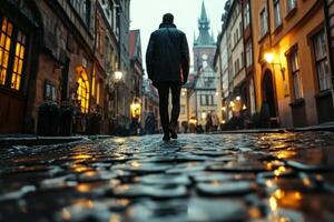 Person walks away down wet cobblestone street. Old buildings line the road, lit by lamps. A tower is visible in the distance. photo