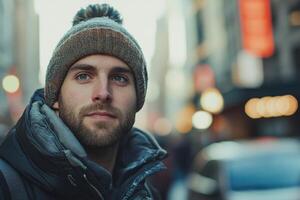 Man in winter hat looks forward. City street background. Jacket covered in frost. Cold weather outdoor portrait. Soft light and shallow depth of field. photo