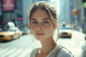 Young woman looks forward city street. Bright sunny day with yellow cabs in background. Focus on face and gentle expression. photo