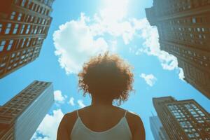Woman looks up at tall buildings. Sunny blue sky with clouds. Urban exploration and travel concept. Low angle view. photo