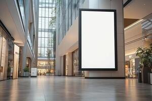 Empty advertising billboard stands in modern shopping mall. Stores and bright interior background. Space for your advertisement. Clear blank screen mockup. photo