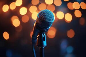 Microphone stands in front of blurry lights. Stage microphone ready to use. Studio equipment. Black background with warm orange glow. photo