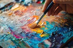 Close up of hand holding paintbrush applying colorful paint on palette. Bright shades of blue, yellow, orange, pink and brown visible. Impasto technique. photo