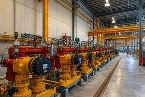 Industrial interior with many colorful pipes. Yellow framework and concrete floor fill the room. Bright setting with complex equipment and systems. photo