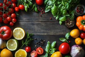 Fresh colorful vegetables and herbs lying on rustic dark wood surface. Cherry tomatoes, lemons, basil and pepper creating frame. Food photography. photo