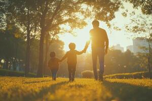 Father and two sons walk together. They hold hands on green grass during bright sunset. Park trees and city buildings are in background. photo