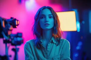 Woman in studio with professional camera setup. Bright pink and blue lights illuminate the scene. Soft focus glow from light panel in background. photo