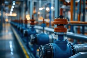 Blue valves with orange tops connect to metal pipes in a long row inside industrial building with bright lighting. Factory setting. photo