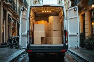 Delivery van open loaded with cardboard boxes parked on street. Building facade in background. Urban scene with bicycle on sidewalk. Transporting goods. photo