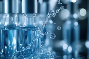Glass bottles filled with liquid. Water splashing and bubbles visible. Silver caps on bottles. Cool blue tones. Blurred background with bokeh effect. photo