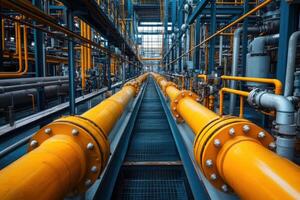Yellow pipe runs through an industrial facility. Many pipes and structure is seen in the background. Industry pipelines transport material. Factory interior with equipment. photo