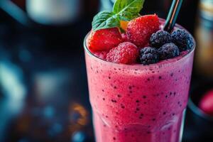 Berry smoothie in glass. Pink drink close up. Fresh strawberry raspberry and blackberry garnish. Cold beverage with straw. Healthy food photo. photo