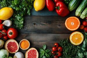 Fresh vegetables fruits herbs arranged around wooden table. Healthy eating concept. Colorful food frame with empty space in center. Top view closeup. photo