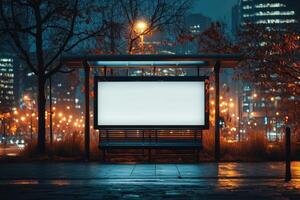 Empty bus shelter stands in the city during night. Blank billboard sign for advertisements. Lights and buildings are in the background. photo