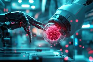 Robotic arms holding cell in laboratory. Futuristic technology in medical lab with glowing lights. Science research and development. Artificial intelligence and healthcare. photo