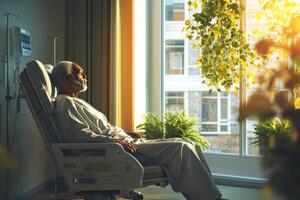 Hospital patient sits back in chair looking through window. Sunlight filters through foliage. Treatment bag on stand. Peaceful moment in a hospital room. photo