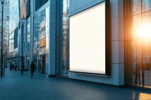 Blank billboard on building exterior. Pedestrians walk on sidewalk in urban city. Sunlight reflects off windows of large modern structure. photo
