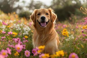 Happy golden retriever dog sits in bright flower meadow. Smiling animal looks at the camera. Natural light and colorful blossoms. Outdoor scenery. photo