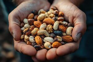 Hands holding mixed nuts. Various almonds, peanuts, hazelnuts, pistachios and walnuts. Close up of assorted healthy snack in palms. photo