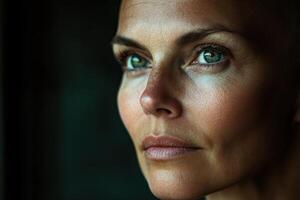 Close up of woman face. Green eyes looking to the side. Natural skin in dark soft light. Thoughtful expression portrait. photo