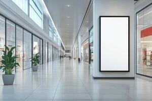 Shopping mall interior with blank poster. Storefront windows line a bright corridor. Floor is made of tile. Plants in pots sit near advertisement. photo