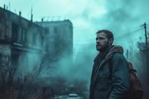 Man with backpack looks ahead, abandoned buildings in a misty dystopian landscape. Debris and dust fill the air, somber expression. photo