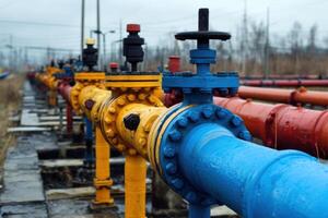 Colorful pipeline valves stretch into distance. Industrial pipes with knobs and fasteners on gray concrete blocks. Industry construction with many pipes and valves. photo