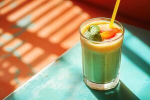 Green smoothie drink in glass with fruit and mint on a blue table under bright sunlight with shadow pattern photo