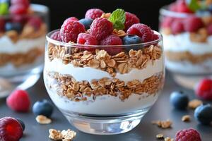 Glass dessert filled with layers of yogurt granola and berries including raspberries and blueberries. Mint garnish topping the delicious and attractive parfait. photo