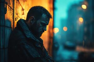 Man leans against a dirty wall outdoors. He is tired and stressed. Dark urban background and street lights. Gloomy and pensive mood. photo