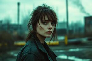 Woman stares intently in gritty outdoor setting. Urban decay visible. Dark jacket and moody lighting in overcast landscape with industrial elements. photo