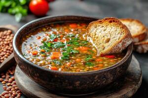 Lentil soup with carrots and parsley in a wooden bowl. Bread slice rests on the rim. Dark background with lentils and tomato. photo