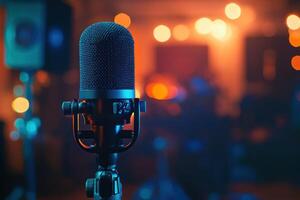 Studio microphone stands on stage. Colorful lights blur in background. Music equipment ready for performance. Close up view of sound recorder. photo