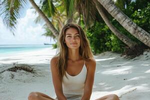 Woman sitting in sand. Beach with white sand and palm trees. Turquoise water near shore. Relaxation at tropical location. Summer day. photo