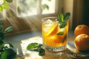 Orange drink with ice in glass near window. Fresh mint and oranges. Sunlight streaming through window. Refreshing citrus beverage still life. photo