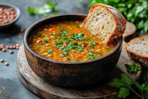 Lentil soup in a wooden bowl. Garnish with fresh parsley. Bread slice stands in soup. Rustic setting on wooden board. Delicious and nutritious meal. photo