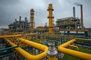 Industrial plant with yellow pipelines and smokestacks. Exterior view of complex equipment and structures. Cloudy sky. Pipes and towers under gray sky. photo