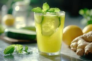 Refreshing drink with cucumber slices mint leaves in glass. Lemon ginger and cucumber lie on the table in soft light. photo