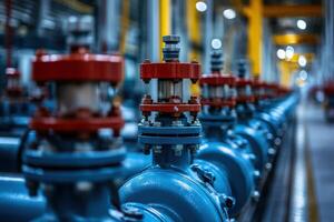 Blue metal pipes with red valves in factory setting. Industrial equipment with bolts and connections. Row of machinery in a mechanical plant. photo