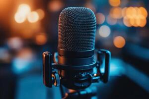 Studio microphone on stand. Dark metal microphone. Sound recording equipment. Close up view of microphone. Lights in soft focus background. Blue and orange colors. photo