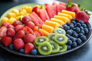 Colorful fruit platter with fresh strawberries watermelon mango kiwi and blueberries arranged on decorative plate healthy snack photo